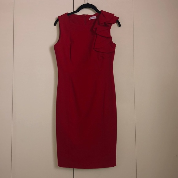Red Calvin Klein Ruffle Dress - Picture 3 of 6
